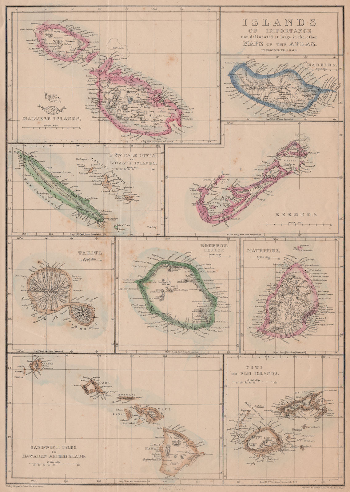ISLANDS. Malta Madeira Bermuda Reunion Hawaii Tahiti Mauritius. WELLER 1862 map